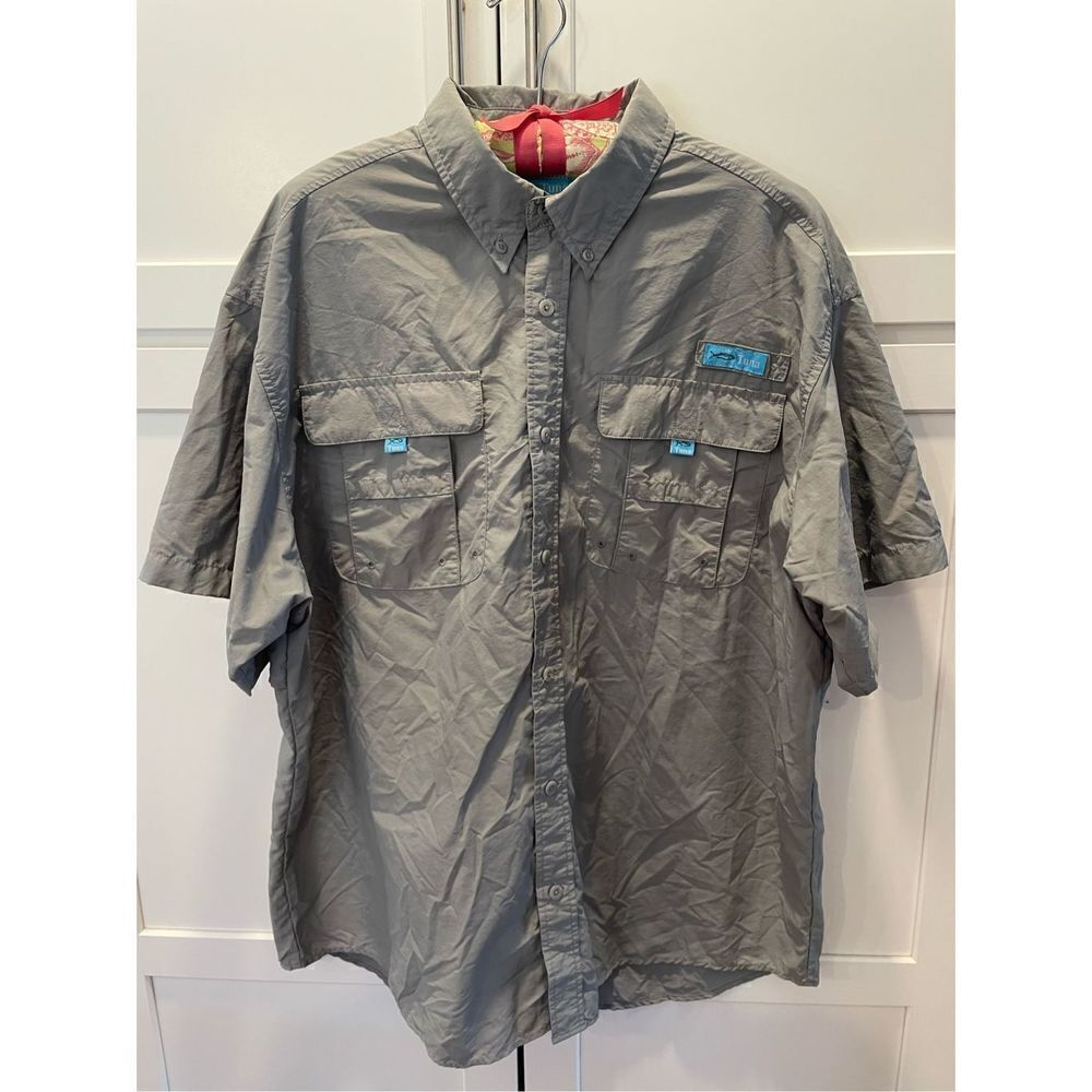 Tuna Waterproof Quick Dry UPF 50+ Short Sleeve Fishing Button Shirt Tan Sz XL